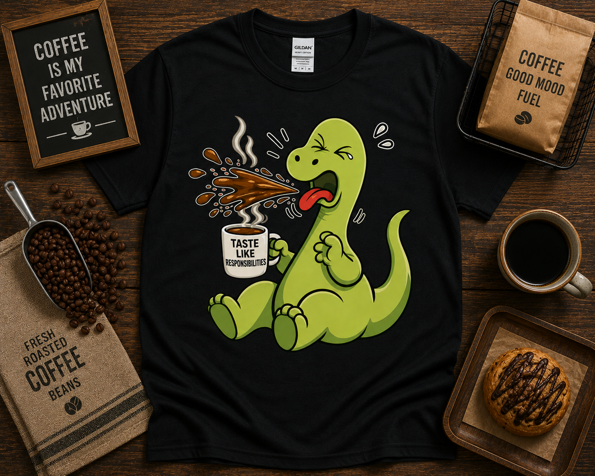 Funny dinosaur coffee shirt on Black Gildan 5000 featuring Taste Like Responsibilities coffee graphic tee for coffee lovers funny dinosaur gift USA