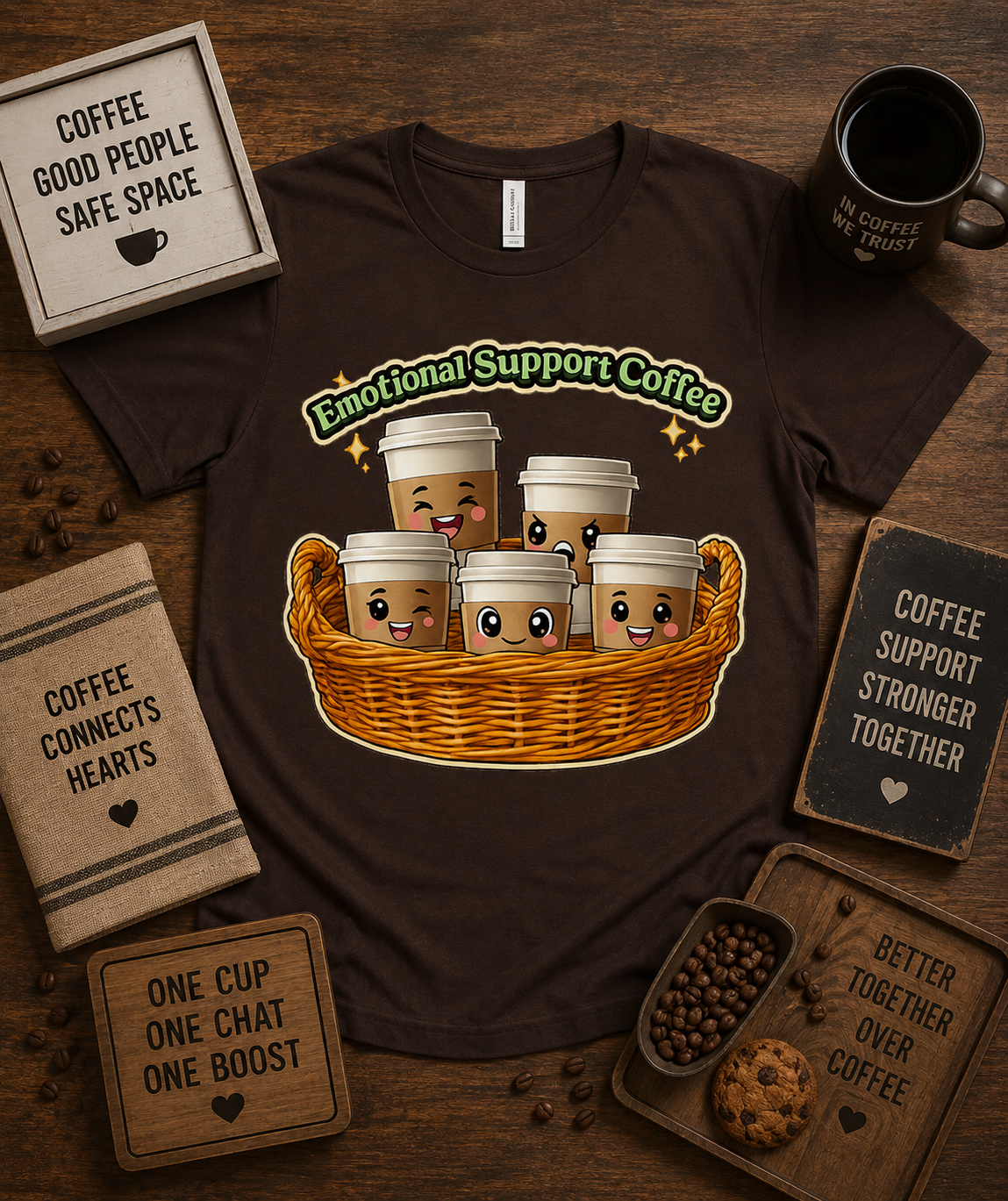 Premium Emotional Support Coffee shirt on Brown Bella Canvas 3001 with cute coffee cups basket coffee shop graphic USA