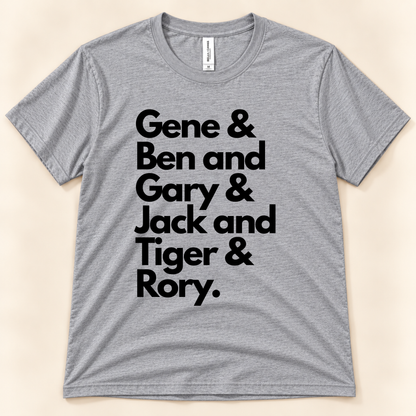 Athletic Heather Bella Canvas 3001 Career Grand Slam golf graphic tee with bold black typography listing Gene Sarazen, Ben Hogan, Gary Player, Jack Nicklaus, Tiger Woods and Rory McIlroy, from New Chapter Tees, a California small business.