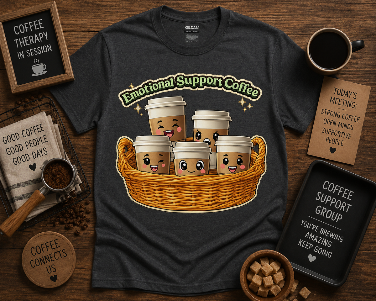 Cute coffee lover graphic tee on Charcoal Gildan 5000 featuring Emotional Support Coffee kawaii coffee cups cozy café shirt USA