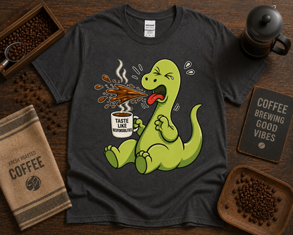 Funny dinosaur coffee shirt on Charcoal Gildan 5000 with Taste Like Responsibilities coffee dinosaur graphic tee USA