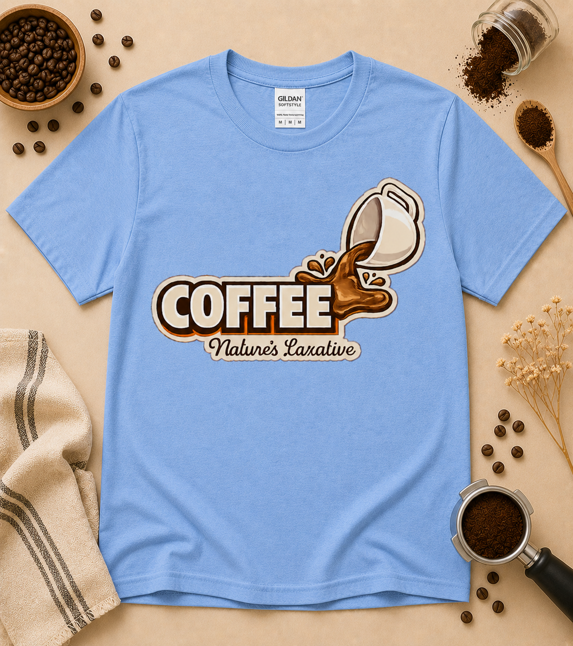 Carolina Blue Coffee Nature’s Laxative funny coffee lover graphic tee with retro coffee splash design cozy café aesthetic shirt for caffeine addicts and espresso fans