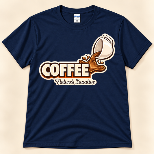 Navy Gildan 5000 Coffee Nature’s Laxative graphic tee featuring a pouring coffee cup and funny coffee lover saying from New Chapter Tees, a California small business.