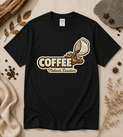 Black Coffee Nature’s Laxative coffee humor shirt featuring vintage coffee splash graphic funny caffeine lover apparel for espresso and latte fans