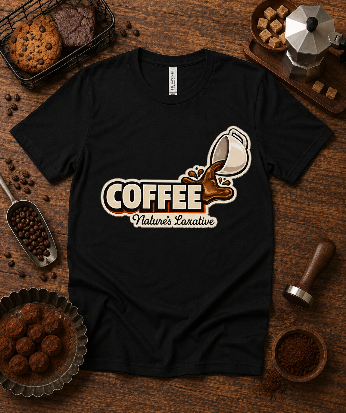 Coffee Natures Laxative premium soft coffee graphic tee printed on a black Bella Canvas 3001 unisex shirt displayed in a rustic coffee shop flat lay with roasted coffee beans espresso tools pastries chocolate and artisan cafe accessories for coffee lovers baristas and espresso enthusiasts