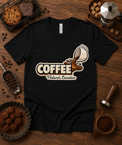 Coffee Natures Laxative premium soft coffee graphic tee printed on a black Bella Canvas 3001 unisex shirt displayed in a rustic coffee shop flat lay with roasted coffee beans espresso tools pastries chocolate and artisan cafe accessories for coffee lovers baristas and espresso enthusiasts