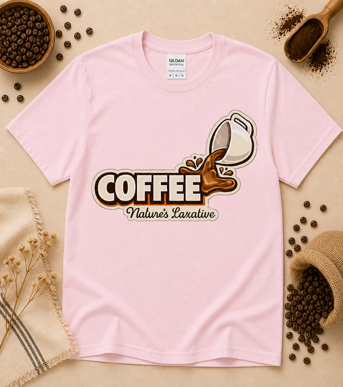 Light Pink Coffee Nature’s Laxative coffee humor graphic shirt with playful retro coffee design cute cozy coffee lover outfit for café aesthetic fans