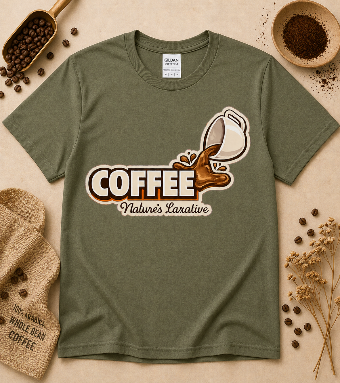 Military Green Coffee Nature’s Laxative funny caffeine graphic tee featuring coffee splash artwork cozy unisex coffee lover apparel for baristas and latte drinkers