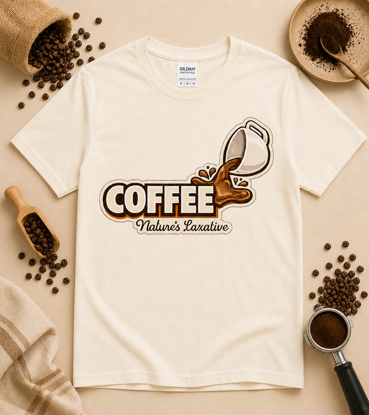 Natural beige Coffee Nature’s Laxative cozy coffee lover shirt featuring retro coffee cup splash design casual unisex café inspired graphic tee