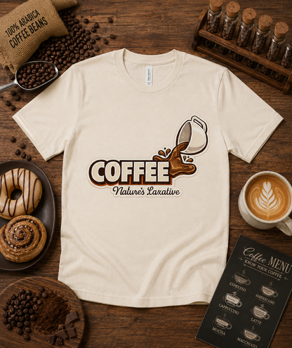 Coffee Natures Laxative coffee themed graphic printed on a natural Bella Canvas 3001 premium soft unisex tee in a rustic coffee shop flat lay with roasted coffee beans espresso latte pastries artisan chocolate and warm cafe accessories for coffee lovers and unique coffee gifts