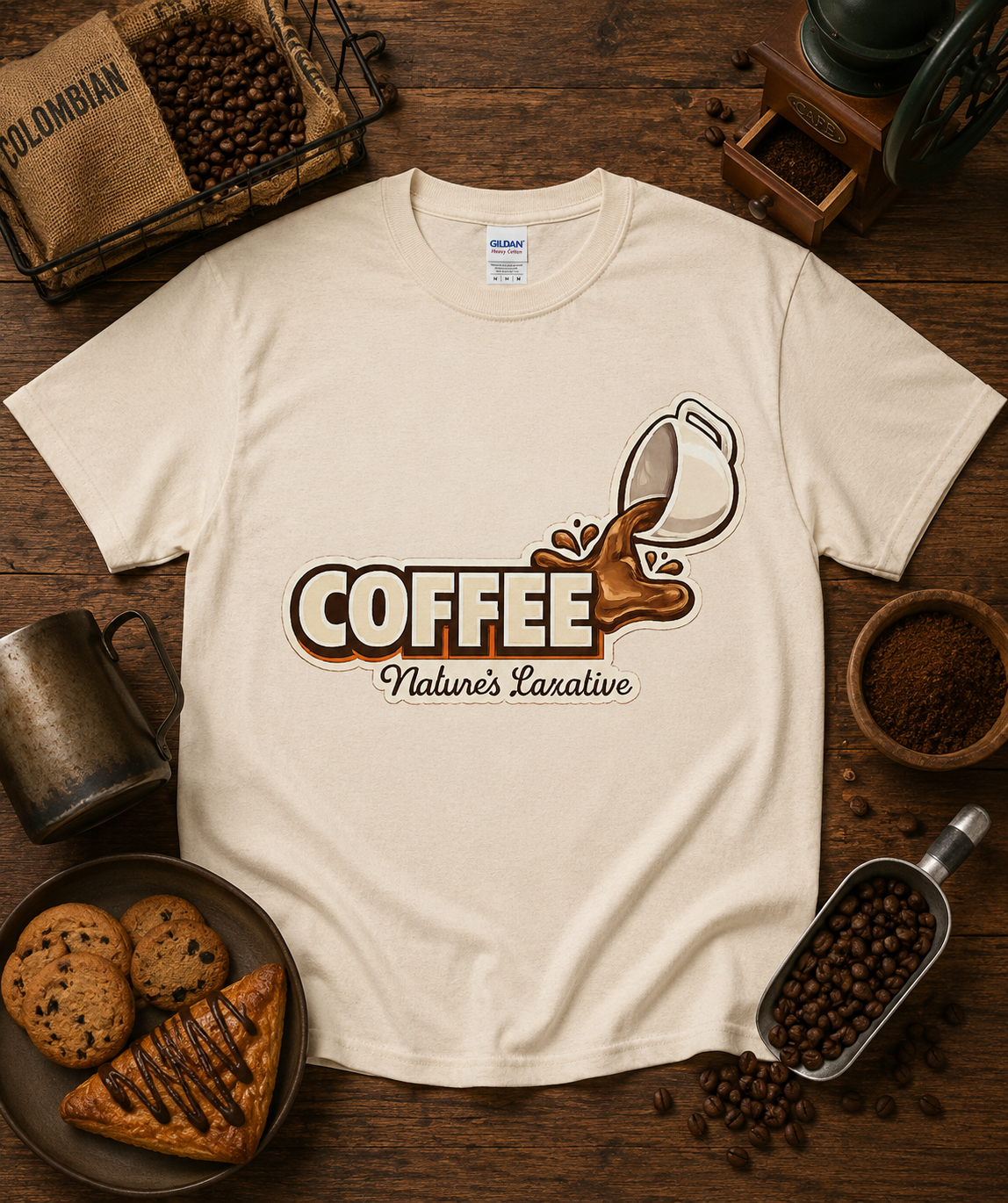 Coffee Natures Laxative funny coffee shirt displayed on a natural Gildan 5000 classic heavy cotton tee in a cozy coffee shop flat lay with espresso latte art roasted coffee beans pastries chocolate and rustic cafe accessories for coffee lovers and gift giving