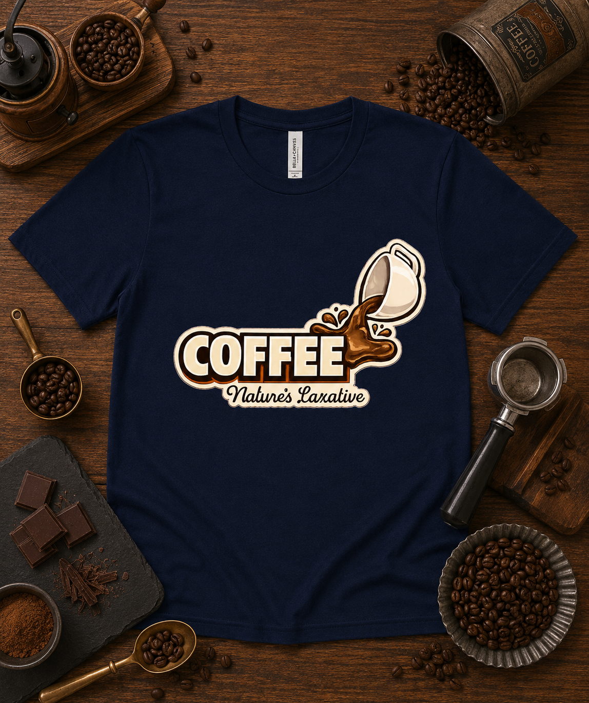 Coffee Natures Laxative humorous coffee graphic printed on a navy Bella Canvas 3001 premium soft shirt styled in a cozy coffee shop flat lay with roasted beans espresso accessories pastries chocolate and rustic cafe decor for coffee lovers and baristas