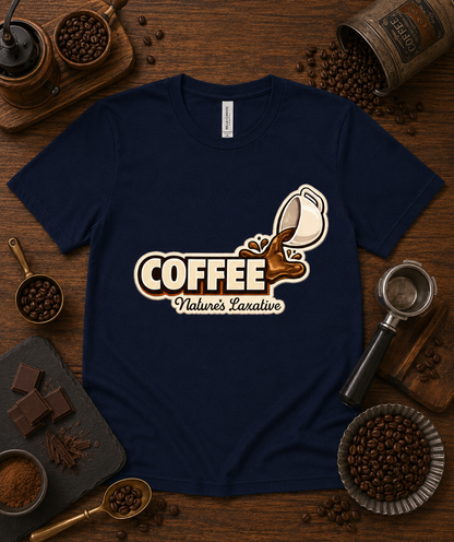 Coffee Natures Laxative humorous coffee graphic printed on a navy Bella Canvas 3001 premium soft shirt styled in a cozy coffee shop flat lay with roasted beans espresso accessories pastries chocolate and rustic cafe decor for coffee lovers and baristas