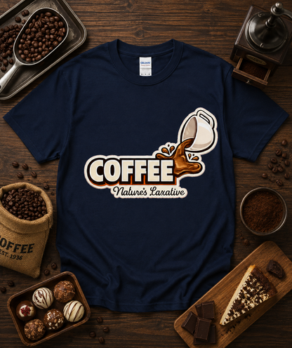 Coffee Natures Laxative funny coffee lover design printed on a navy Gildan 5000 classic heavy cotton shirt displayed in a rustic coffee shop flat lay with roasted coffee beans espresso accessories baked treats and cafe inspired props for coffee lovers baristas and espresso fans