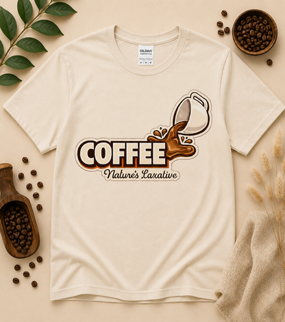 Sand Coffee Nature’s Laxative funny coffee graphic tee with vintage inspired coffee splash artwork trendy neutral coffee aesthetic clothing for caffeine lovers