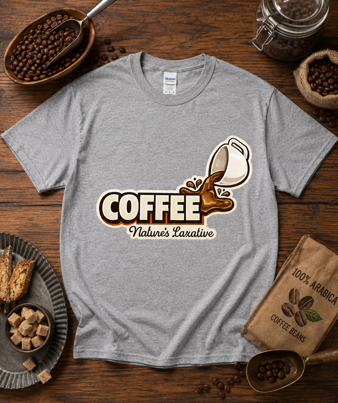 Coffee Natures Laxative coffee graphic printed on a sport gray Gildan 5000 classic heavy cotton shirt with coffee shop flat lay styling featuring roasted coffee beans espresso equipment baked pastries chocolate and rustic cafe props for coffee lovers and baristas