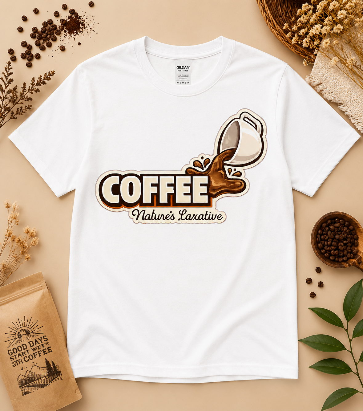 White Coffee Nature’s Laxative retro coffee lover graphic tee with playful coffee splash illustration cozy café aesthetic shirt for coffee addicts