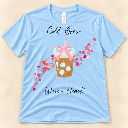 Baby Blue Bella Canvas 3001 iced coffee tee with a cold brew cup, pink bow and colorful heart trail.