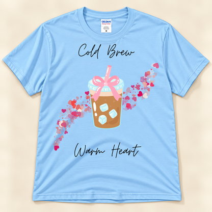 Light Blue Gildan 5000 cold brew graphic tee featuring an iced coffee cup, pink bow and colorful heart trail.