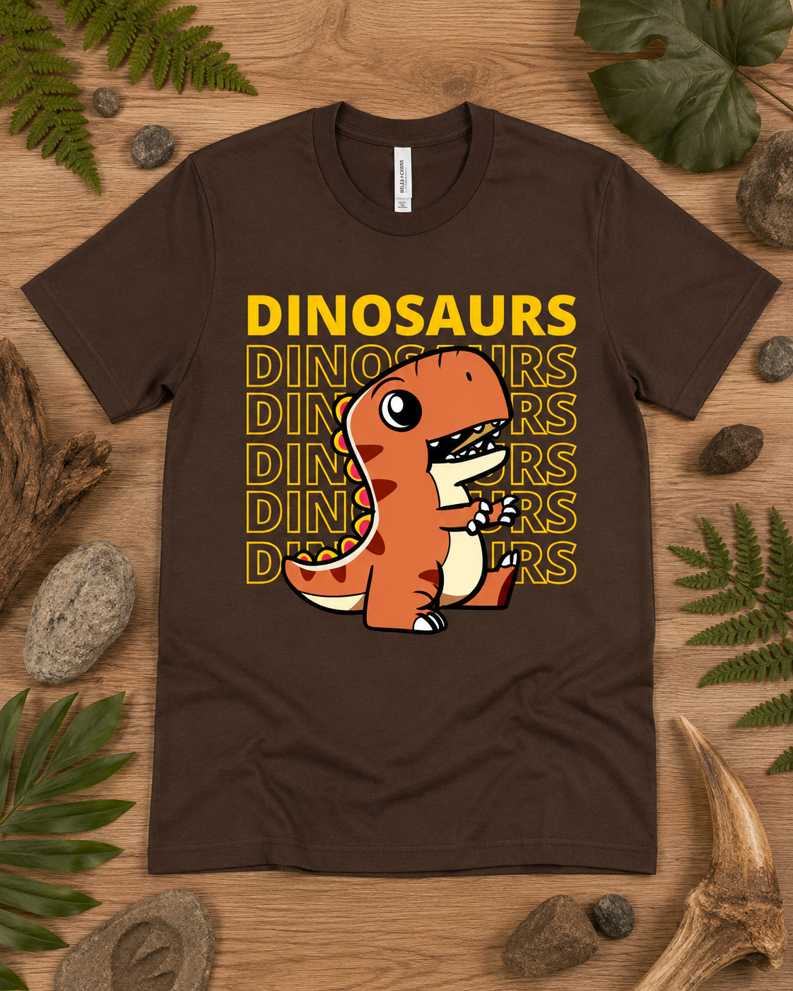 Cute Dinosaur Energy T Rex graphic shirt on a brown Bella Canvas 3001 premium soft tee for adult and youth dinosaur fans.