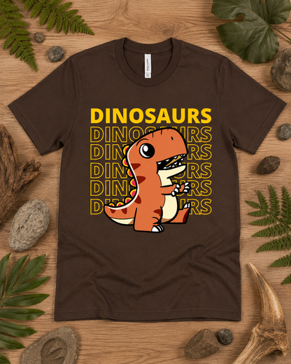 Cute Dinosaur Energy T Rex graphic shirt on a brown Bella Canvas 3001 premium soft tee for adult and youth dinosaur fans.