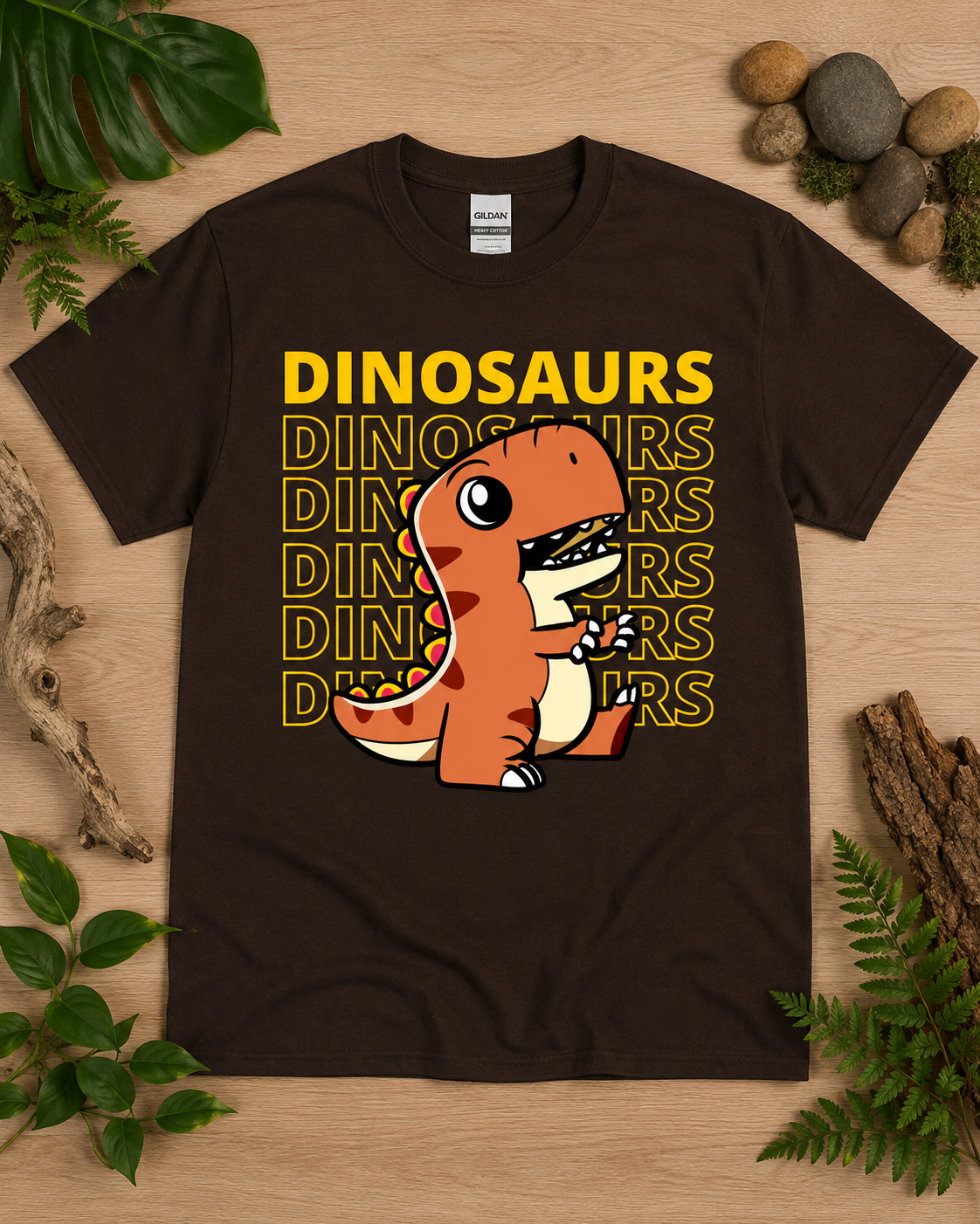 Cute orange T Rex Dinosaur Energy graphic on a dark chocolate Gildan 5000 heavy cotton shirt for adult and youth dinosaur fans.