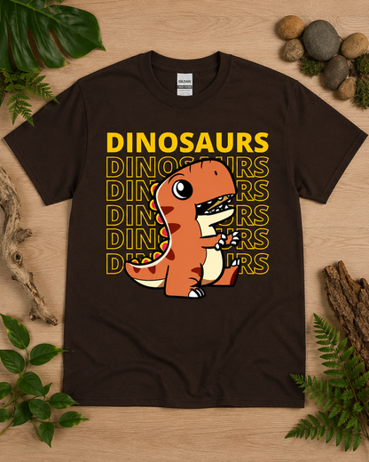 Cute orange T Rex Dinosaur Energy graphic on a dark chocolate Gildan 5000 heavy cotton shirt for adult and youth dinosaur fans.