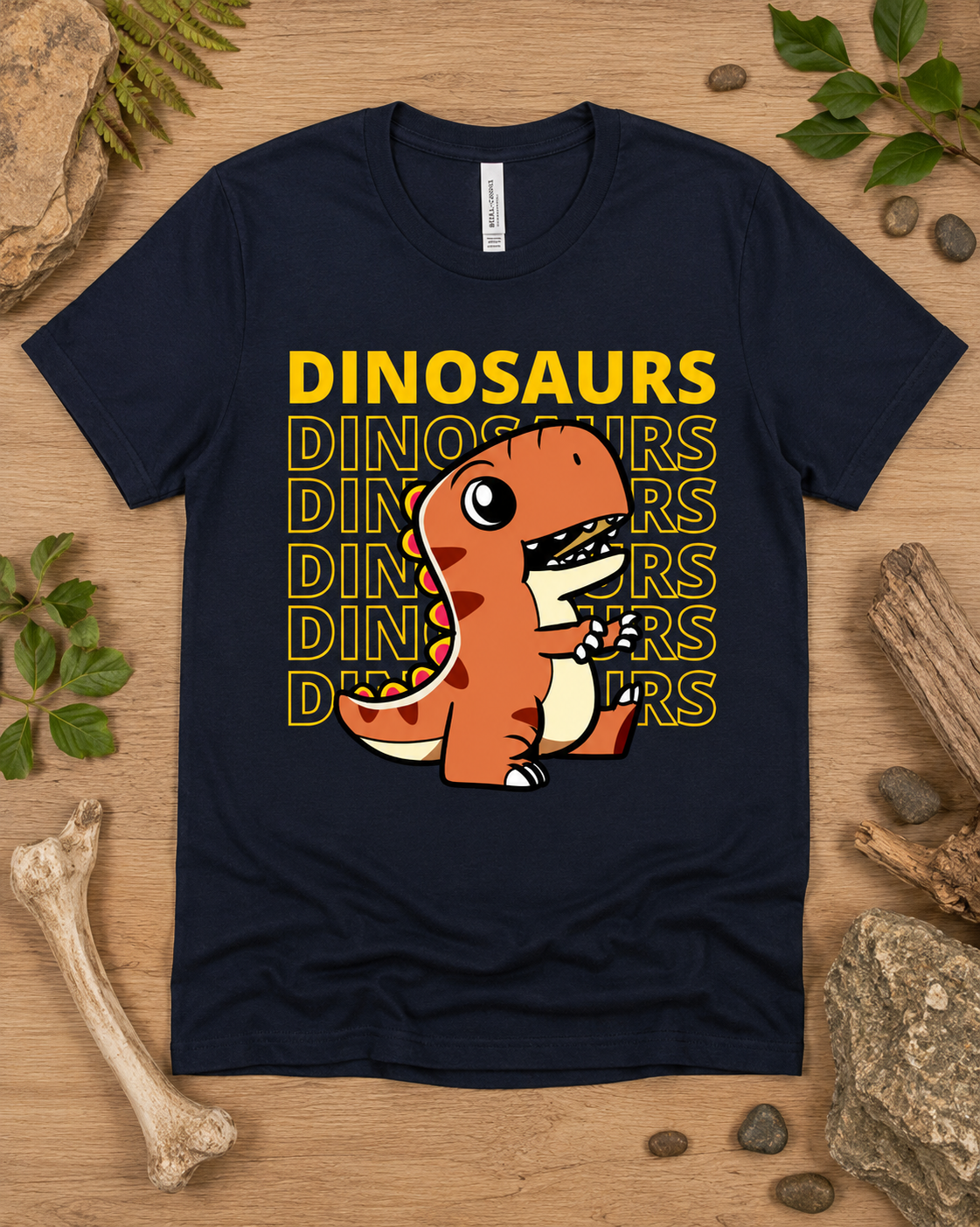Cute Dinosaur Energy T Rex graphic on a navy Bella Canvas 3001 premium soft shirt for adults and kids who love dinosaurs.