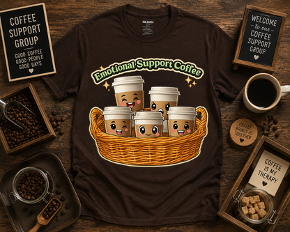 Cute Emotional Support Coffee shirt on Dark Chocolate Gildan 5000 with kawaii coffee cups graphic coffee shop lover gift USA