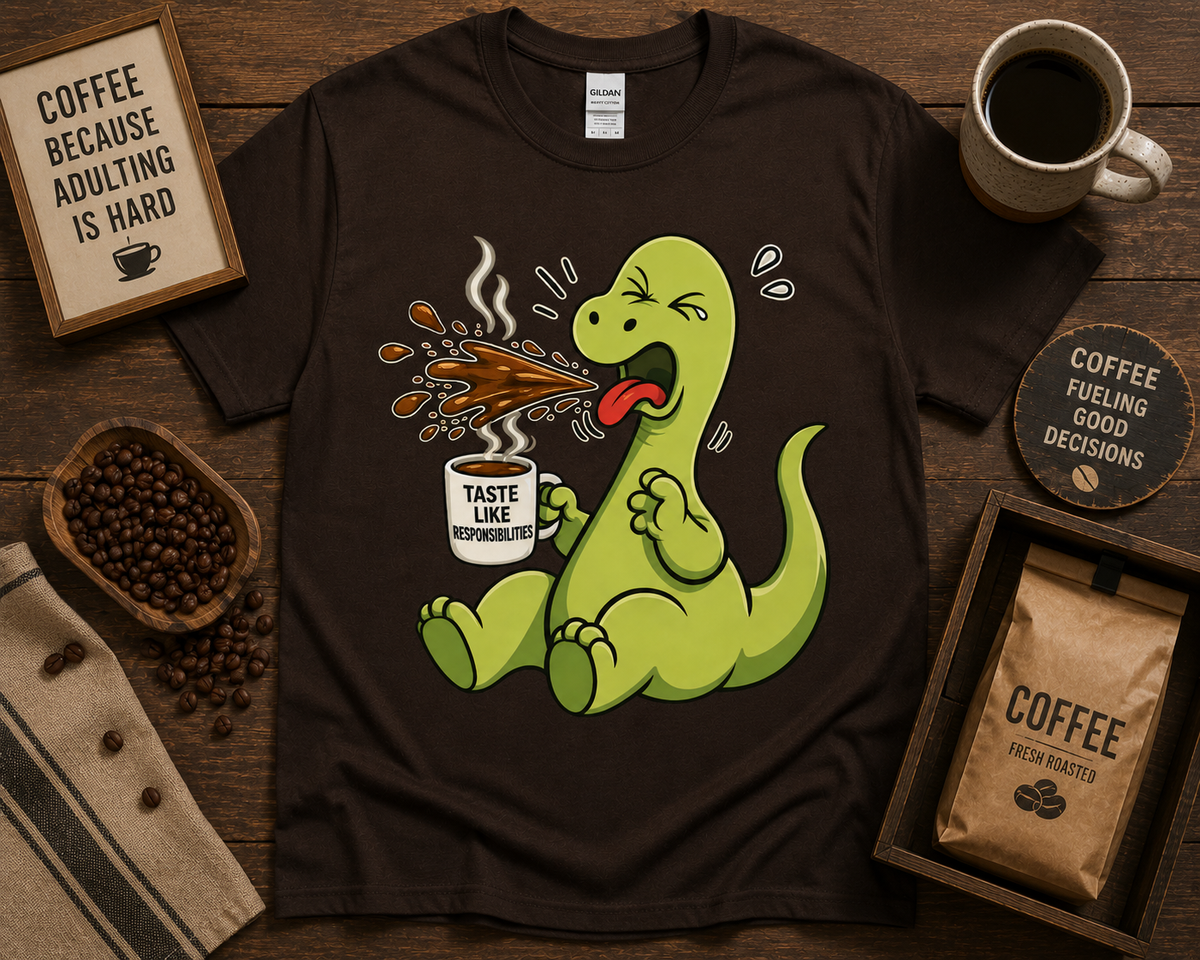 Funny dinosaur coffee shirt on Dark Chocolate Gildan 5000 with Taste Like Responsibilities graphic coffee lover tee USA