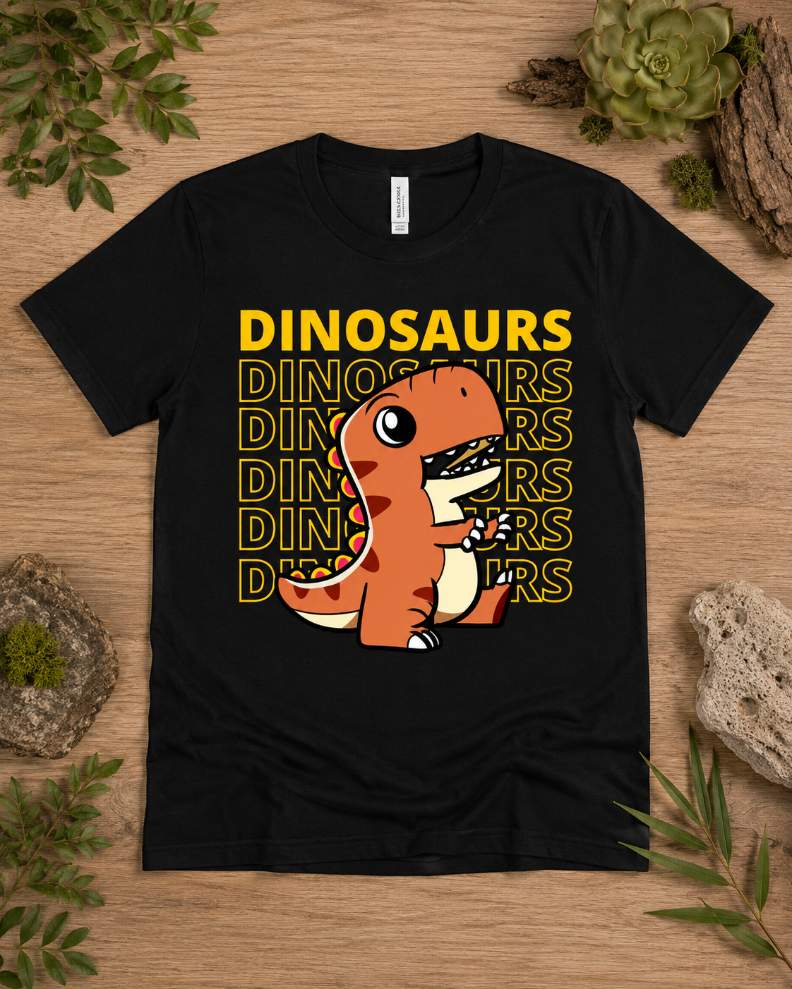 Dinosaur Energy cute orange T Rex graphic tee on a black Bella Canvas 3001 premium soft shirt for adult and youth dinosaur fans.