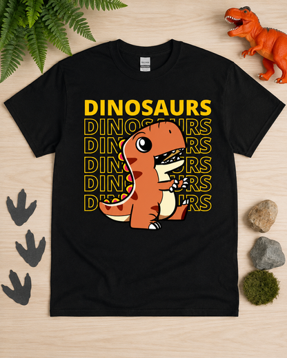 Dinosaur Energy cute orange T Rex graphic tee on a black Gildan 5000 classic heavy cotton shirt for adults and kids who love dinosaurs.