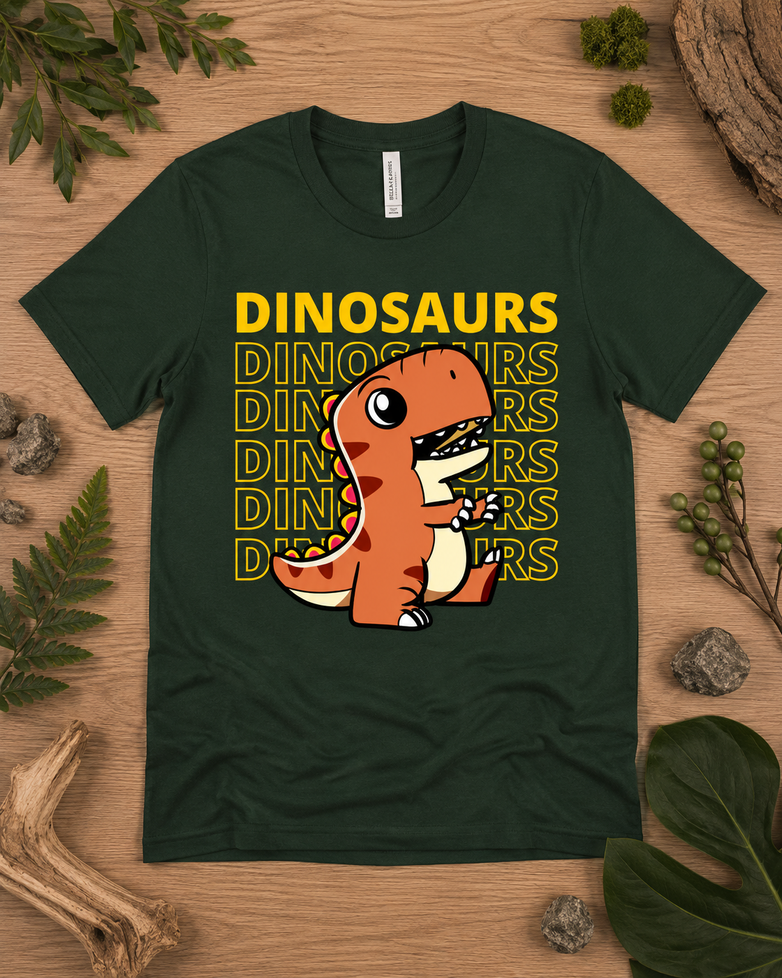 Dinosaur Energy orange T Rex graphic tee on a forest Bella Canvas 3001 premium soft shirt for adult and youth dinosaur lovers.