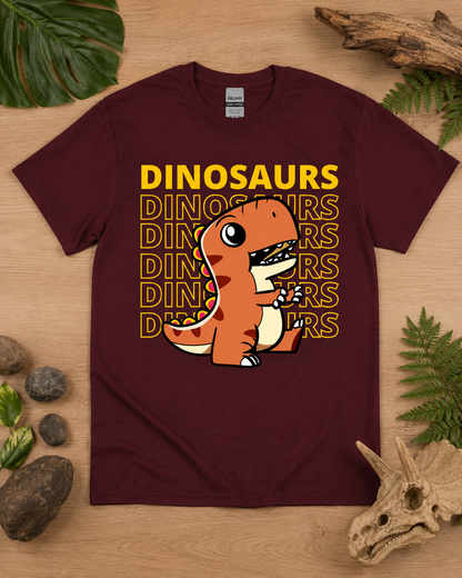 Orange T Rex Dinosaur Energy graphic shirt on a maroon Gildan 5000 heavy cotton tee for adults, kids, and dinosaur lovers.
