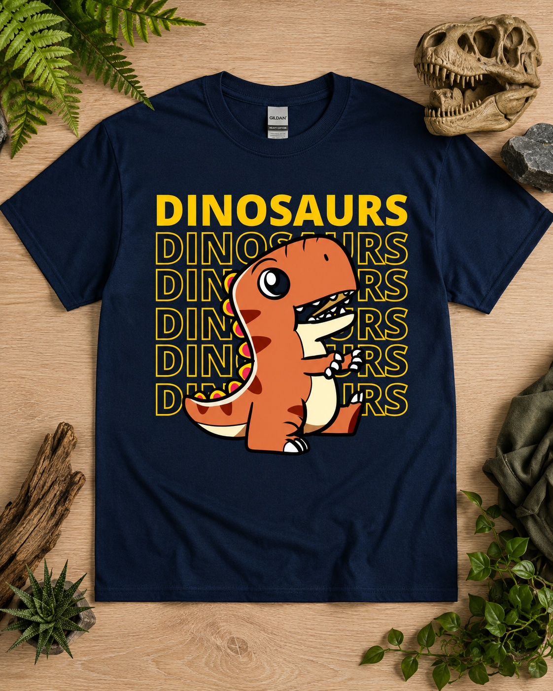 Cute Dinosaur Energy orange T Rex graphic shirt on a navy Gildan 5000 heavy cotton tee for adult and youth dinosaur lovers.