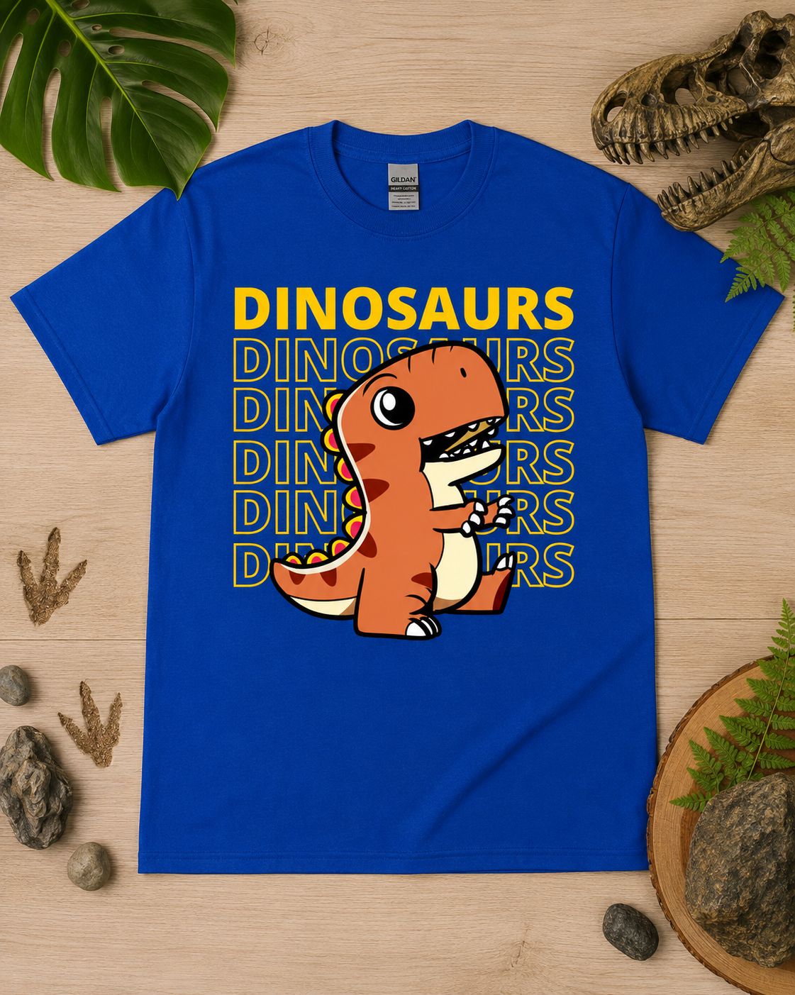 Bold Dinosaur Energy T Rex graphic tee on a royal blue Gildan 5000 classic heavy cotton shirt for dinosaur loving adults and kids.