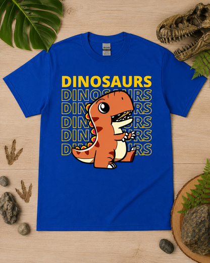 Bold Dinosaur Energy T Rex graphic tee on a royal blue Gildan 5000 classic heavy cotton shirt for dinosaur loving adults and kids.