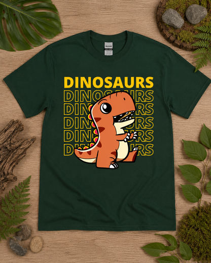 Dinosaur Energy T Rex graphic tee on a forest green Gildan 5000 classic shirt for adults and kids who love cute dinosaur apparel.