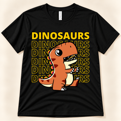 Black Bella Canvas 3001 dinosaur graphic tee featuring a cute orange T Rex with bold repeated Dinosaurs lettering for dinosaur lovers.