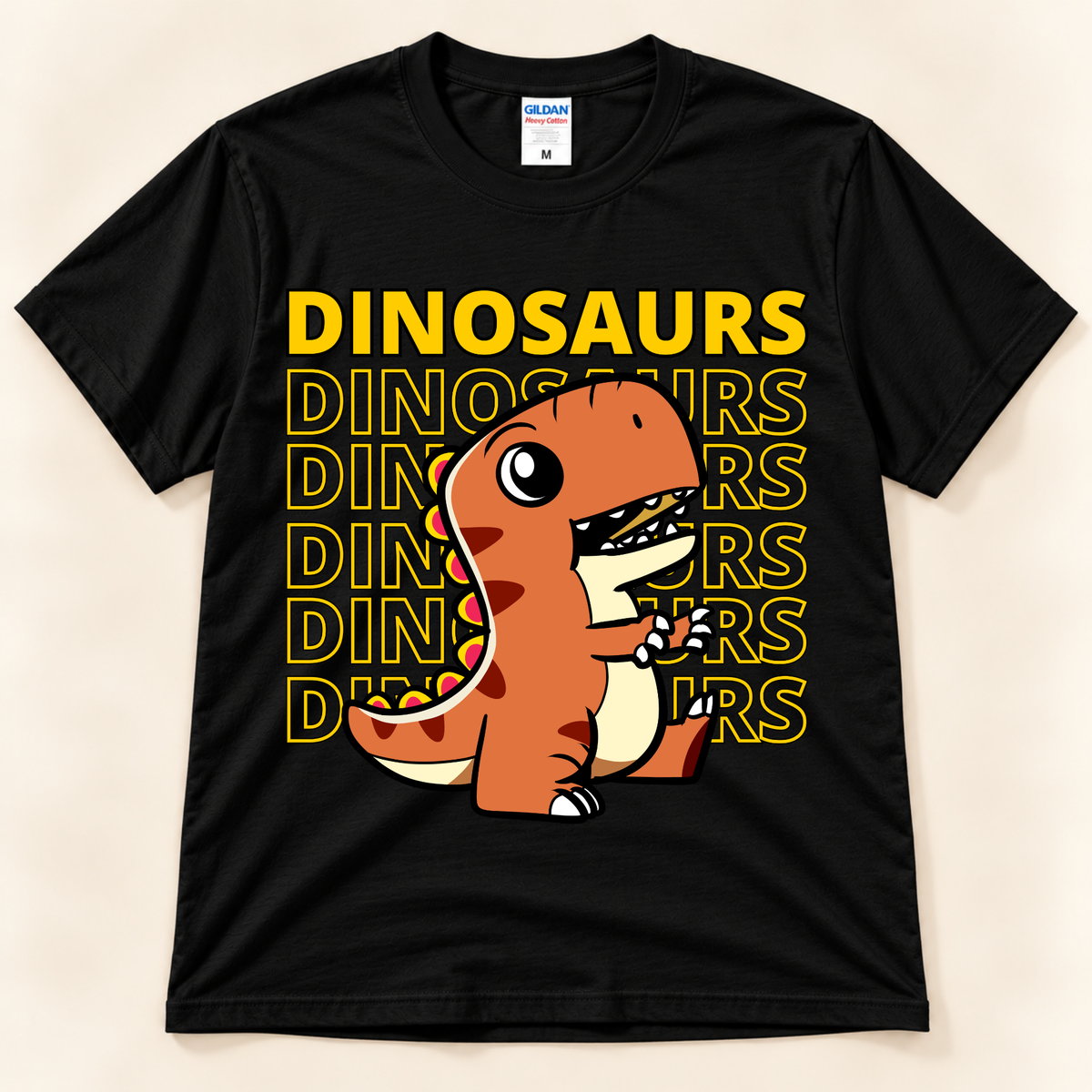 Black Gildan 5000 Dinosaur Energy graphic tee featuring a cute orange T Rex and bold repeated Dinosaurs lettering for dinosaur lovers.