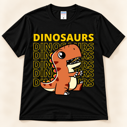 Black Gildan 5000 Dinosaur Energy graphic tee featuring a cute orange T Rex and bold repeated Dinosaurs lettering for dinosaur lovers.