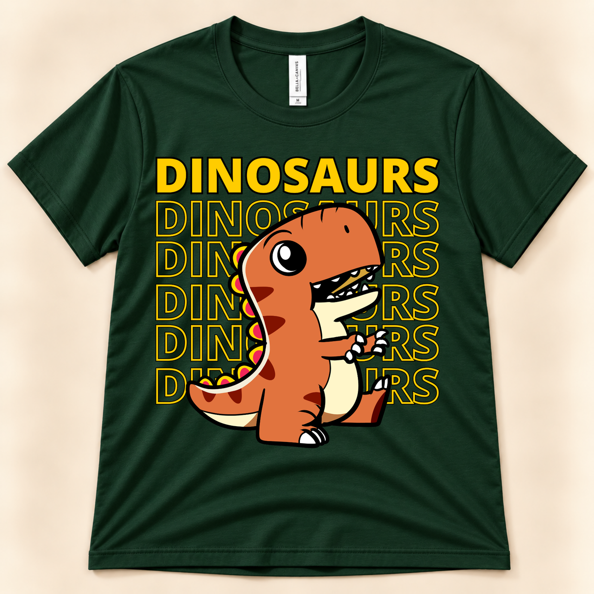 Forest Bella Canvas 3001 Dinosaur Energy tee featuring a cute orange T Rex and bold Dinosaurs typography for kids and adult dinosaur lovers.