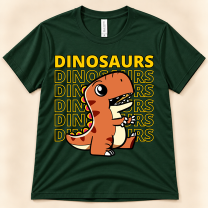 Forest Bella Canvas 3001 Dinosaur Energy tee featuring a cute orange T Rex and bold Dinosaurs typography for kids and adult dinosaur lovers.