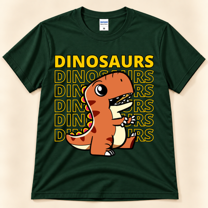 Forest Green Gildan 5000 T Rex graphic tee featuring a cute orange dinosaur with bold Dinosaurs typography for adult and youth dinosaur fans.