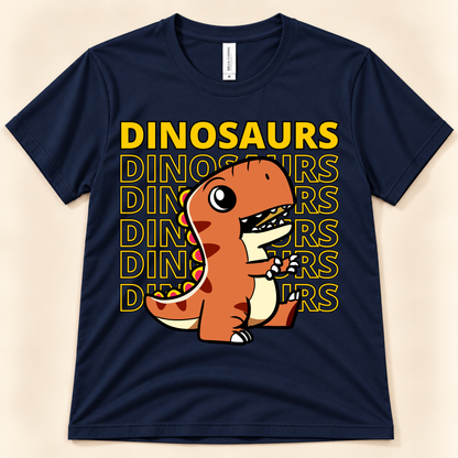Navy Bella Canvas 3001 T Rex graphic tee with a cute orange dinosaur and repeated Dinosaurs lettering for adult and youth dinosaur fans.