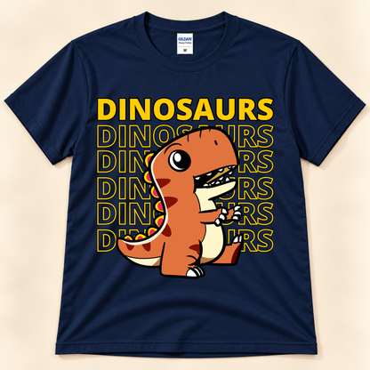 Navy Gildan 5000 dinosaur graphic shirt featuring a cute orange T Rex and repeated Dinosaurs lettering for kids, teens and adults.