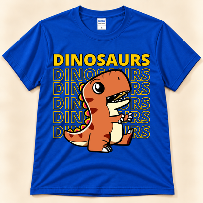 Royal Blue Gildan 5000 Dinosaur Energy T Rex tee with a cute orange dinosaur and bold Dinosaurs typography for adult and youth dinosaur lovers.
