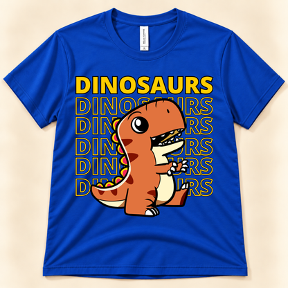 True Royal Bella Canvas 3001 dinosaur shirt featuring a cute orange T Rex with bold Dinosaurs typography for kids, teens and adults.