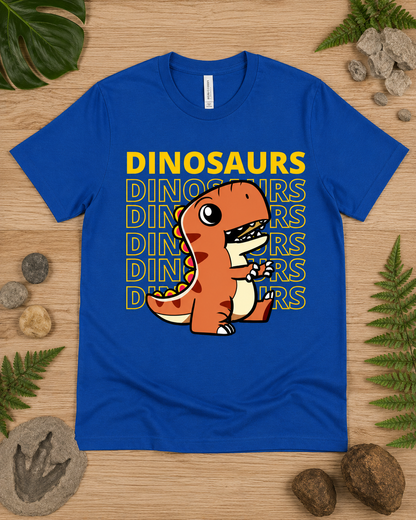 Bold orange T Rex Dinosaur Energy graphic tee on a true royal Bella Canvas 3001 premium soft shirt for adults and kids.