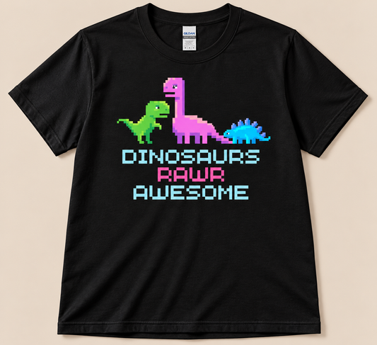 Black Gildan 5000 Dinosaurs Rawr Awesome Pixel Tee with colorful retro arcade dinosaurs and pixel graphic